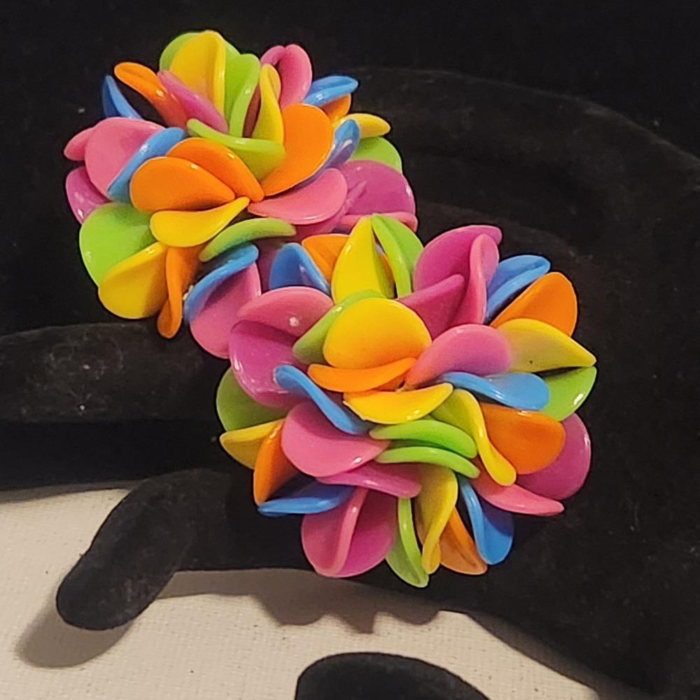 Multi Color Petal Cluster Clip Acrylic On Earrings Neon Floral Pom Pom